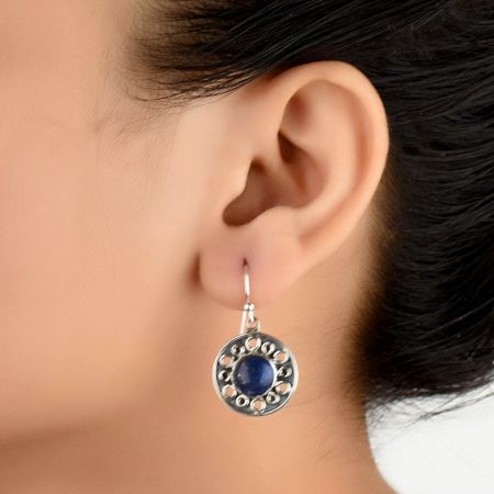 92.5 Sterling Silver Earrings Round Lapis Lazuli Floral Carvings Danglers