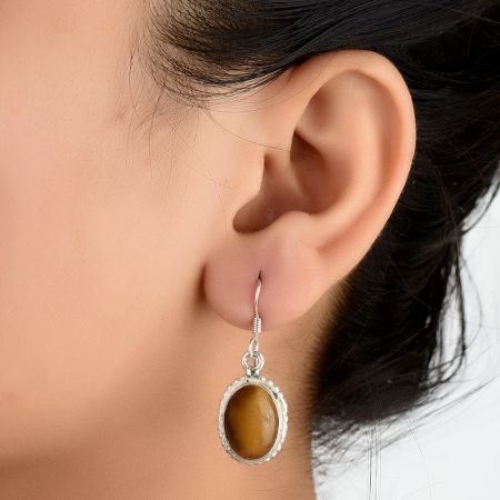 92.5 Sterling Silver Earring Tiger's Eye Round Silver Border Drop Earrings