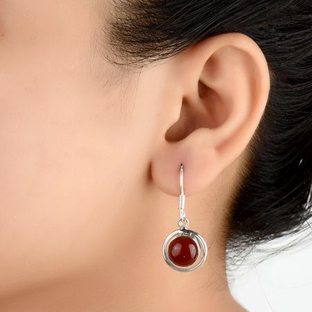 92.5 Sterling Silver Earring Round Red Carnelian Hook Earrings