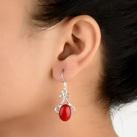92.5 Sterling Silver Earrings Red Coral Hoop Earrings