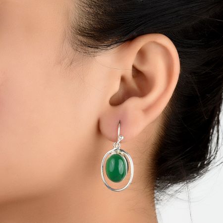 925 Sterling Silver Earrings Green Onyx Modern Design Earrings