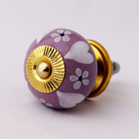Purple Ceramic  Heart and Floral Cabinet Drawer Knobs
