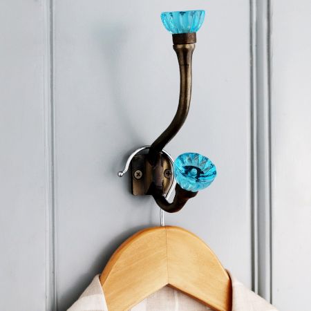 Decorative Royal Blue Paneled Sides Glass Iron Wall Hook