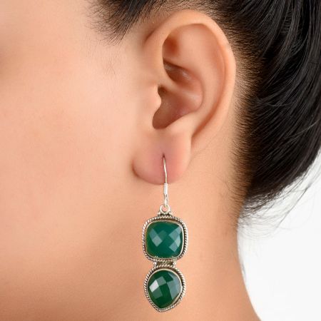 Sterling Silver Earrings Twin Green Onyx in Square And Teardrop Dangler Earrings
