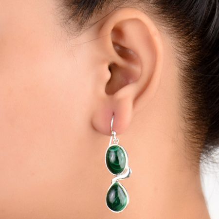 92.5 sterling silver Earrings Twin Green Malachite Earrings