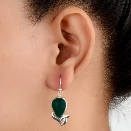 92.5 Sterling Silver Earrings Oval Green Onyx Earrings