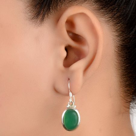 92.5 Sterling Silver Earrings Single Green Onyx Teardrop Hook Earrings