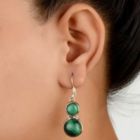 92.5 Sterling silver Earring Twin Round Green Malachite Hook Everday Earrring