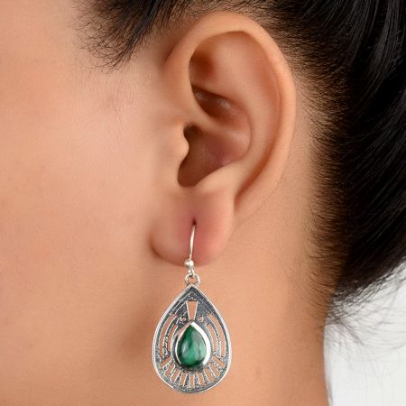 92.5 Sterling Silver Earrings Green Malachite Big Tear Drop Earings