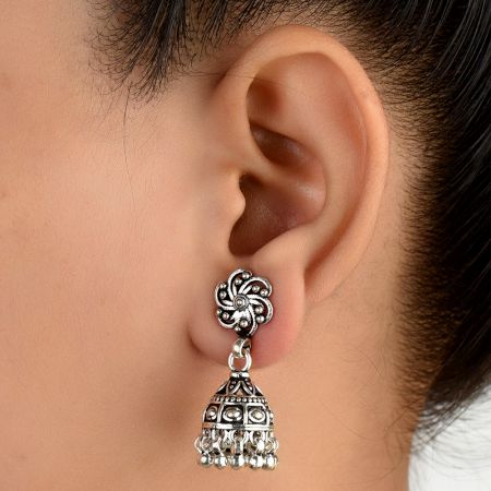 92.5 Sterling Silver Earrings Jhumka Tribal  Jhumkis With Floral Design