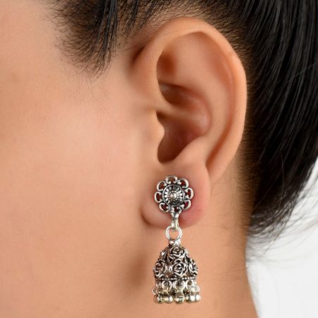 92.5 Solid Sterling Silver Earring Oxidize Rose Flower Design Jhumka Earring