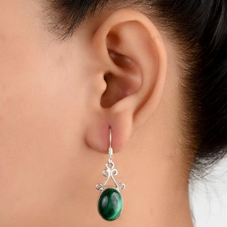 92.5 Sterling Silver Earings Oval  Malachite  Fancy Earrings