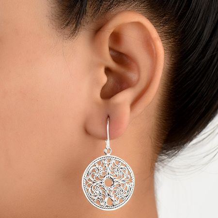 92.5 Sterling Silver Earrings Filigree Drop Round Hoop Cut Out Disc