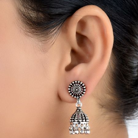 92.5 Sterling Silver Earrings Engraved Design Long Jhumkis