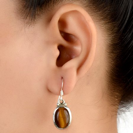 Simple 92.5 Sterling Silver Tiger Eye Earrings Oval Shape For Everyday Wear