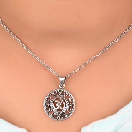 92.5 Sterling Silver Om Design  Floral Jali work Filigree Pendant