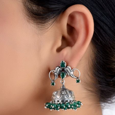 92.5 Sterling Silver Earrings Twin Peacock Oxidised Green Onyx Jhumki Earrings