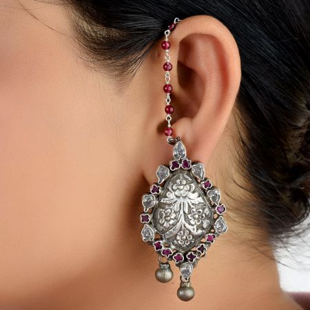 Sterling 92.5 Silver Earring Pink Tourmaline Chain Beaded Jhumkis