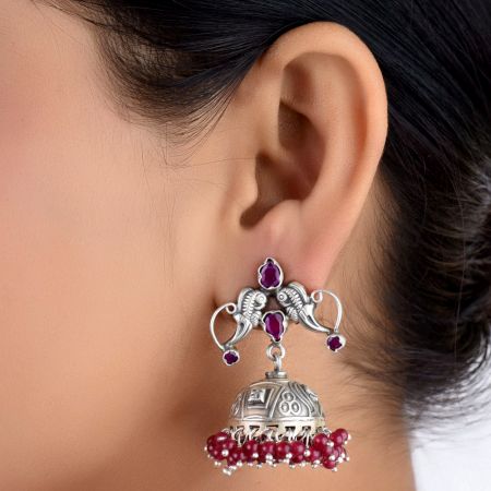 92.5 Sterling Silver Earrings Twin Peacock Oxidized Pink Tourmaline Jhumki Earrings