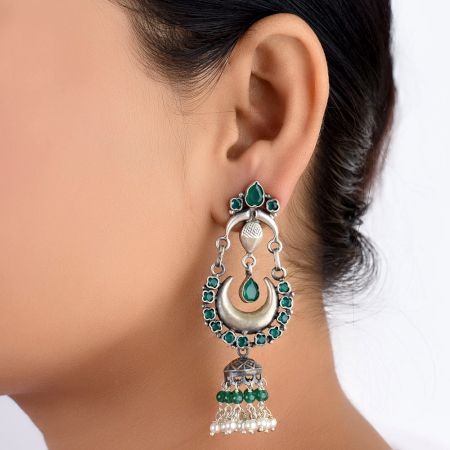 92.5 Sterling Silver Earrings Chandbali Green Onyx Studded Long Jhumki Earrings