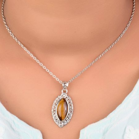 925 Silver Oval Tiger Eye Pendant Jewelry Border Design