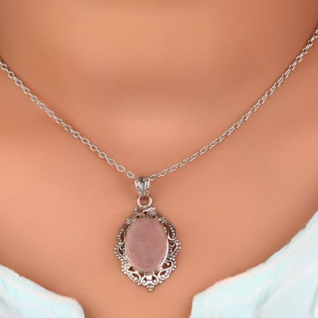 92.5 Sterling Silver Pendant Rose Quartz Decorative Border Pendant