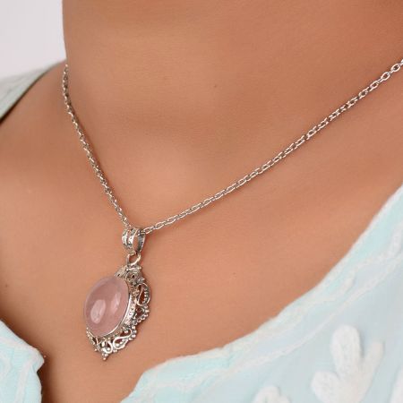 92.5 Sterling Silver Pendant Rose Quartz Decorative Border Pendant