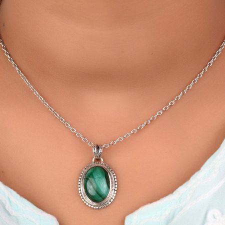 92.5 Sterling Silver Pendant Oval Green Malachite Border Design