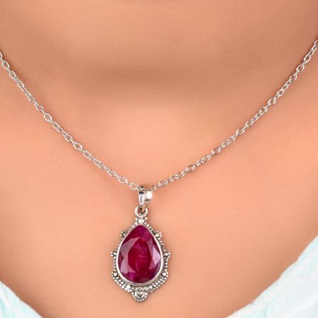 92.5 Sterling Silver Pendant Big Tear Drop Red Spinel Studded Silver Pendant