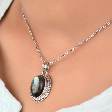 92.5 Sterling Silver Earrings Glowing Big Oval Shaped Labradorite Gemstone Pendant