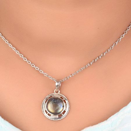 92.5 Sterling Silver Earrings Glowing  Round Shaped Labradorite Gemstone Pendant