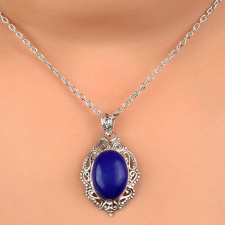 92.5 Sterling Silver Pendant Oval Shaped Blue Tourmaline Gemstone Pendant