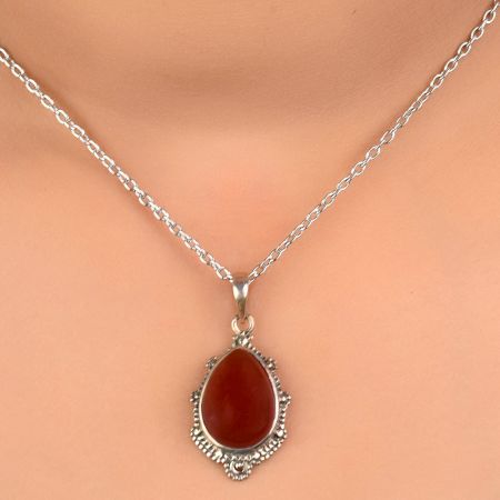92.5 Stamped Sterling Silver Red Carnelian Teardrop Stone