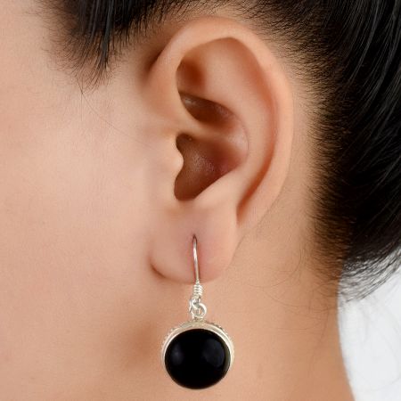 92.5 Sterling Silver Earrings Round Black Onyx Frames Drop Hanging Earrings