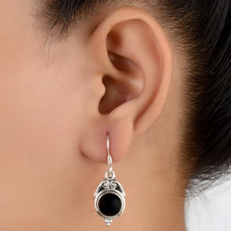 92.5 Sterling Silver Earrings Round Black Onyx Crown Design Bezel Set Drop Earrings For Women