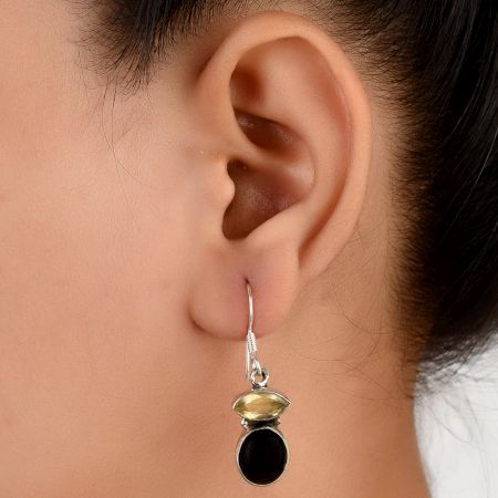 92.5 Sterling Silver Earrings With Oval Citrine And Black Round Onyx Dangler Earrings