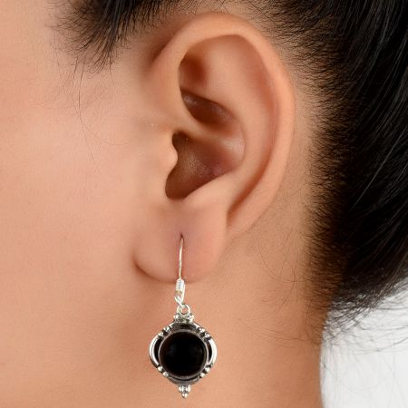 92.5 Sterling Silver Earrings With Black Onyx Round Cabochon Designer Border Drop Earrings