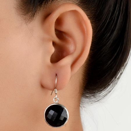 92.5 Sterling Silver Earrings Round Onyx Stone With Ring Border Drop Earrings