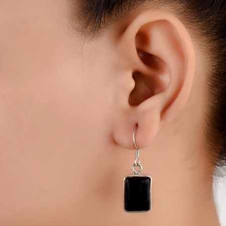 92.5 Sterling silver Earrings Square Shaped Bezel Set Black Onyx Hanging Earrings