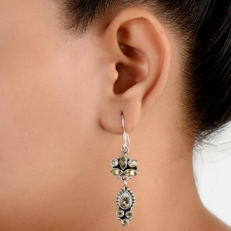 92.5 Sterling Silver Earrings Citrine Stone Flower and Leafy Style Dangler Earrings