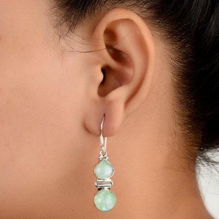 92.5 Sterling Silver Earrings Amazonite Stone In Oval And Round Shape In Bezel Setting Dangler Earrings