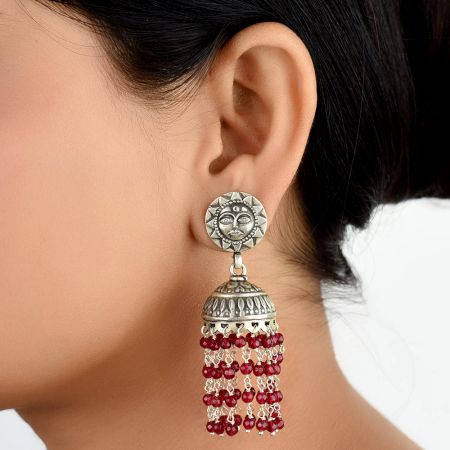 92.5 Sterling silver Earrings Sun God Face Red Onyx Stone Beads Jhumkis