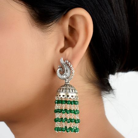 92.5 Sterling Silver Earrings Peacock Stud Green Onyx Stones Chandelier Jhumkis
