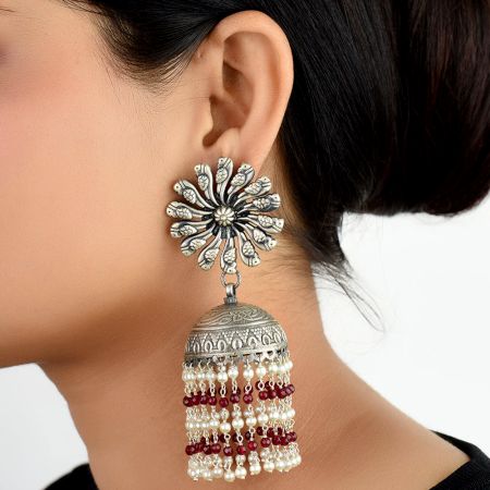 92.5 Sterling Silver Earrings Peacock Floral Stud Red Onyx Tassel Jhumkis For Women
