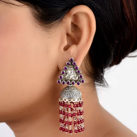 92.5 Sterling Silver Earrings  Amethyst Triangular Stud Red Onyx Tassel Jhumki Earrings