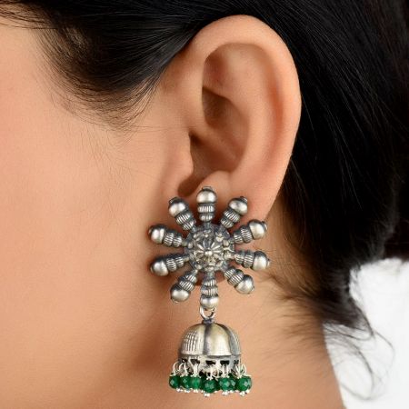 92.5 Sterling Silver Earrings Big Flower Jhumki Green Onyx tassel Hanging  Beads
