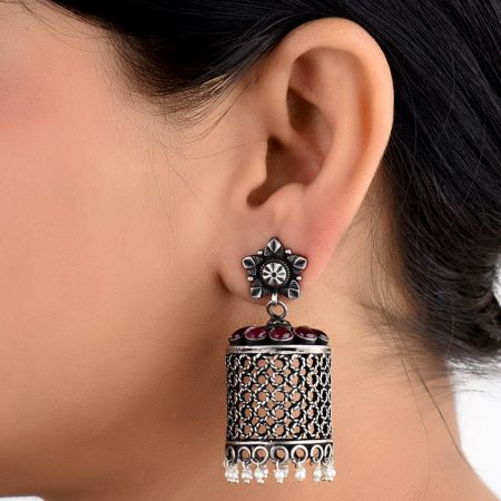 Long 92.5 Sterling Silver Jhumki Earrings With Floral Stud And Amethyst Stones