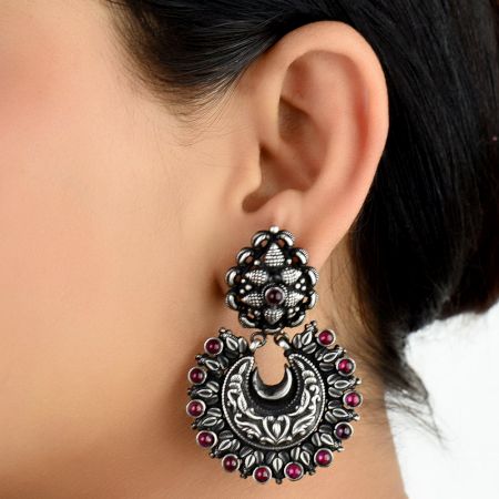 92.5 Sterling Silver Chandbali Earrings Big Floral Stud And Leaves and Amethyst Stoned Hanging