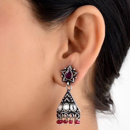 Triangular 92.5 Sterling silver Jhumki Earrings With Amethyst stud And Garnet Beads Hanging