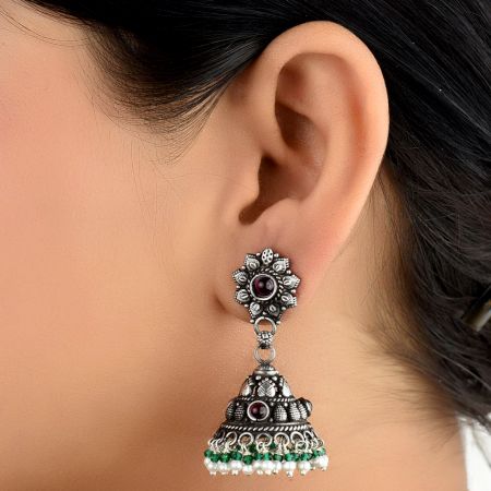 92.5 Sterling silver Earrings jhumki With Amethyst Stone Floral Stud And Onyx and Pearl Beads Tassels